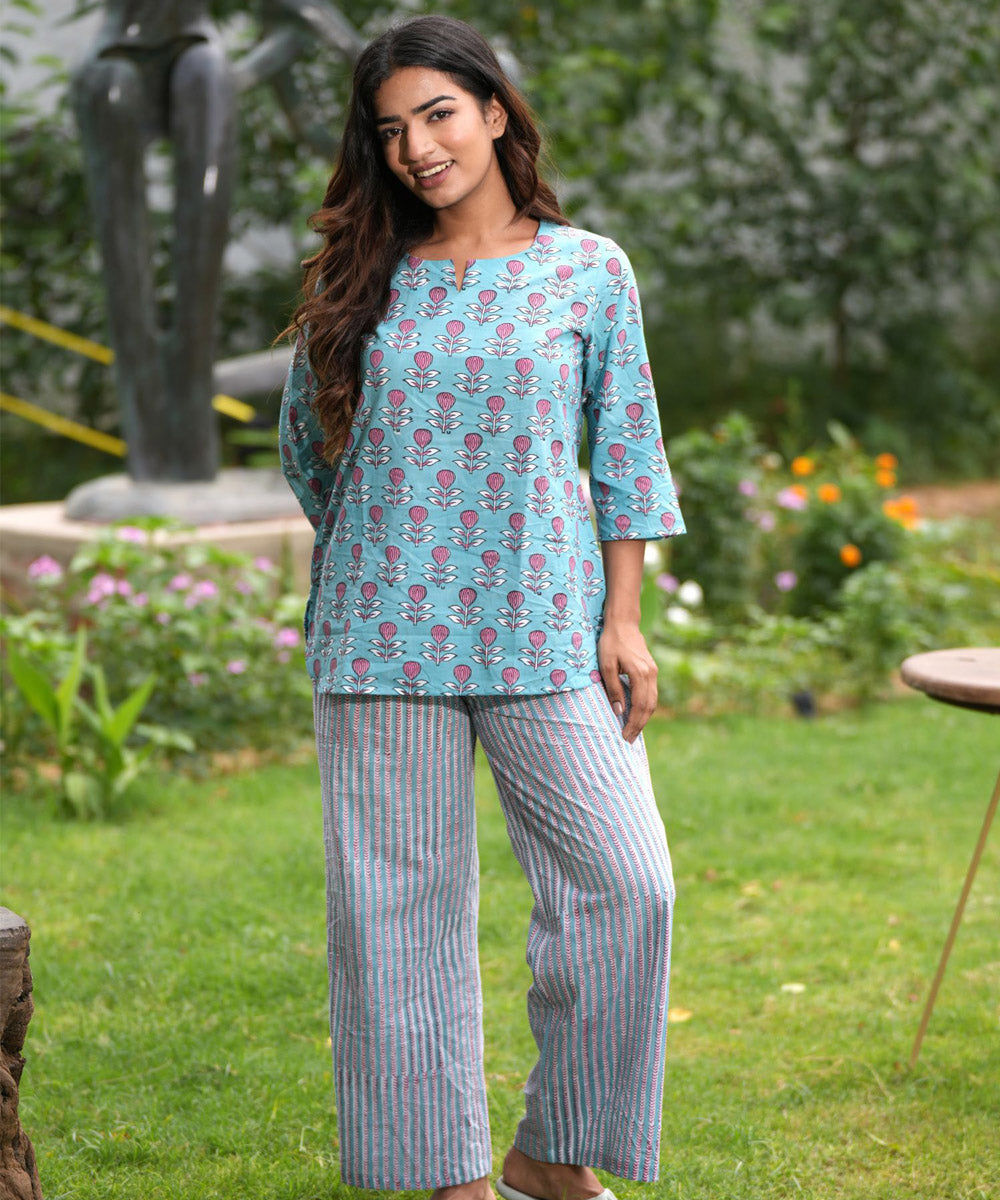 Blue handblock printed cotton night suit set