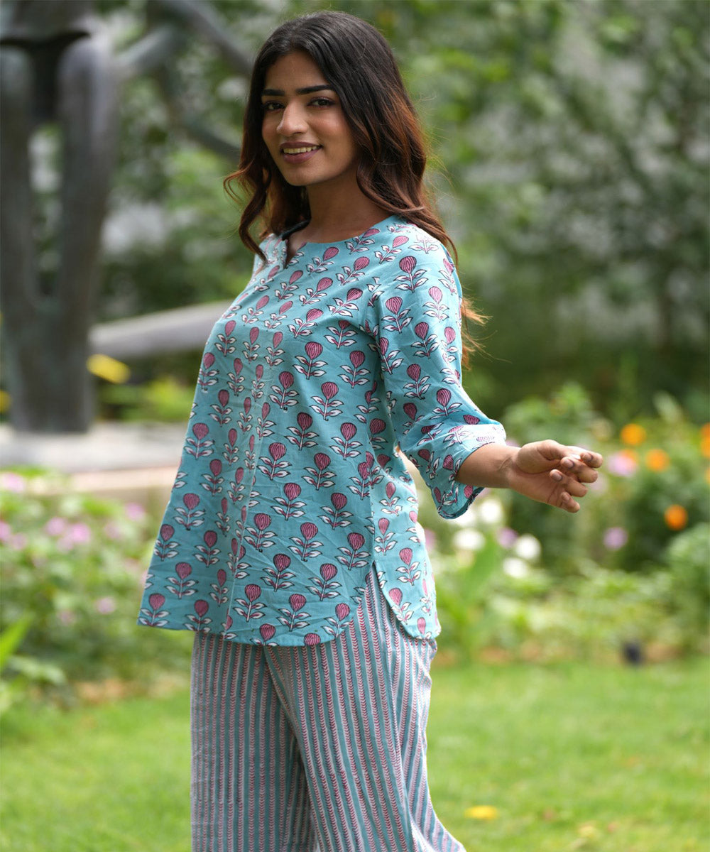 Blue handblock printed cotton night suit set