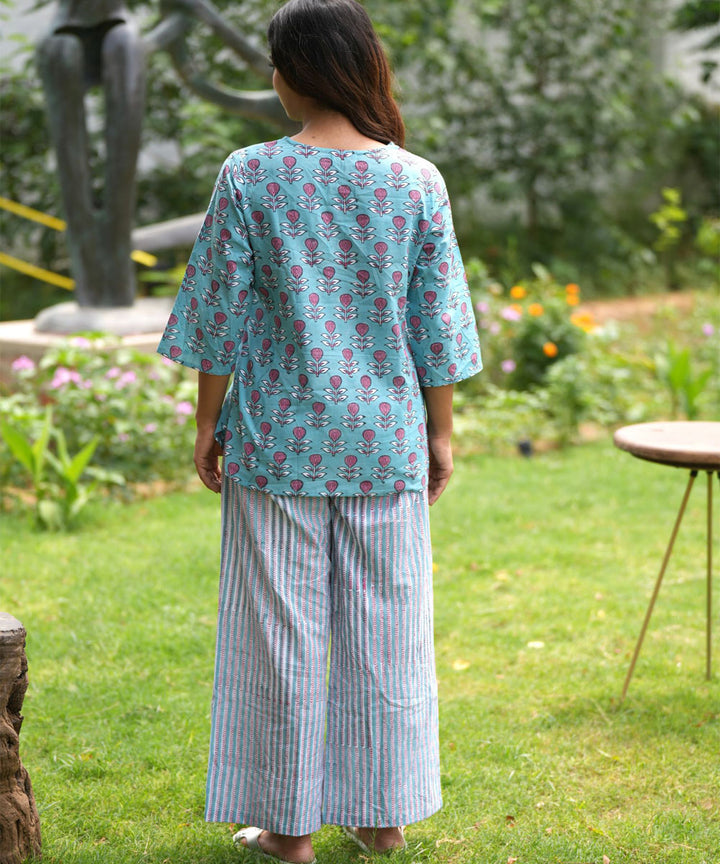 Blue handblock printed cotton night suit set