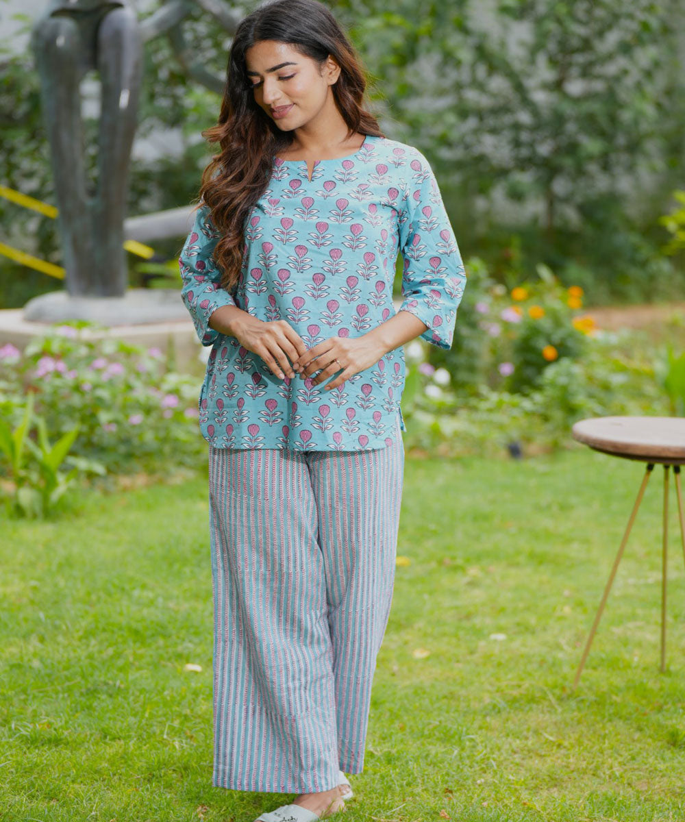 Blue handblock printed cotton night suit set