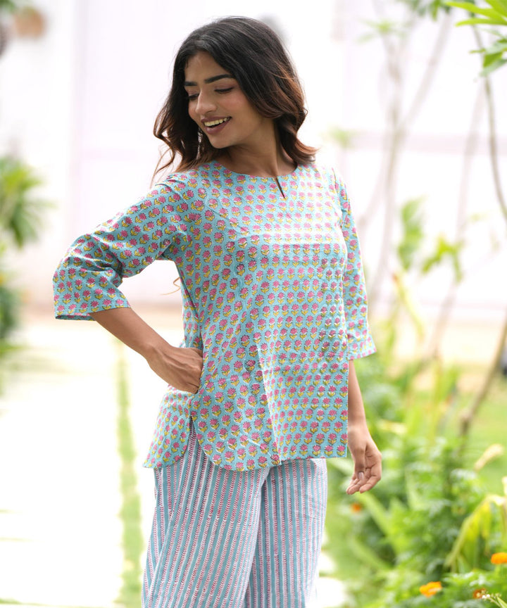 Light blue small floral handblock printed cotton night suit set