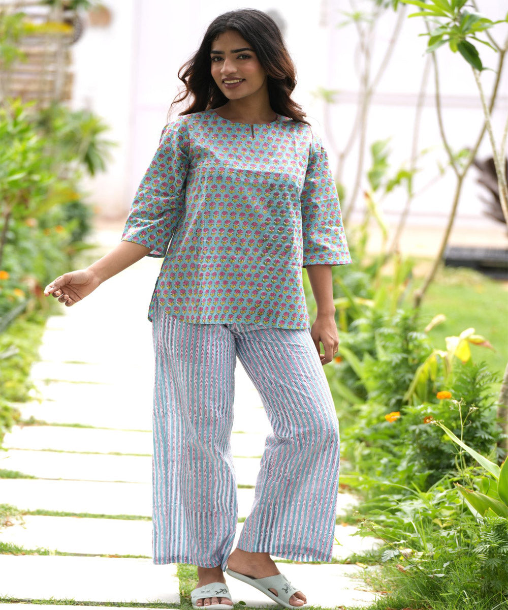 Light blue small floral handblock printed cotton night suit set