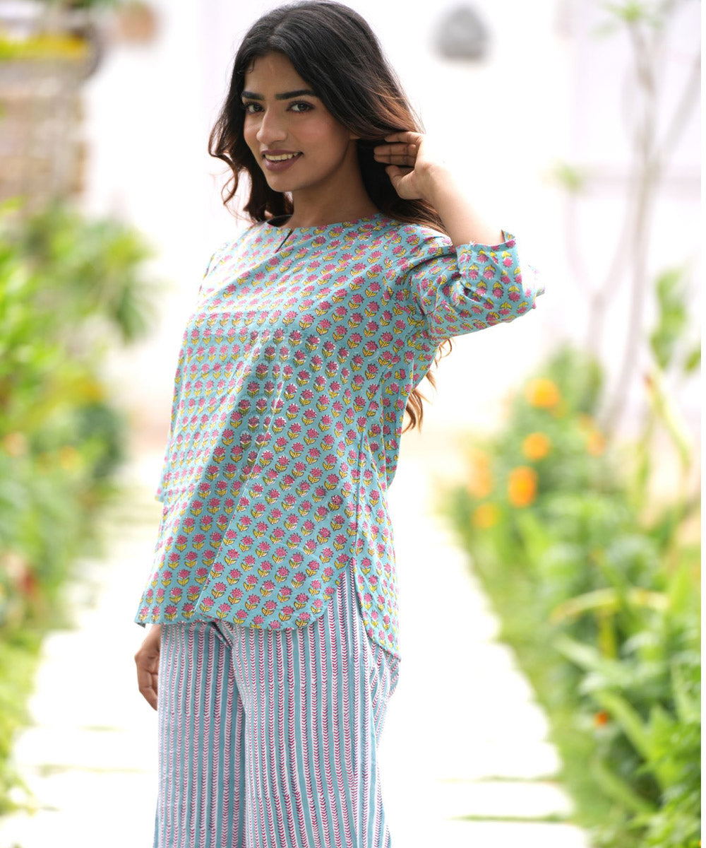 Light blue small floral handblock printed cotton night suit set