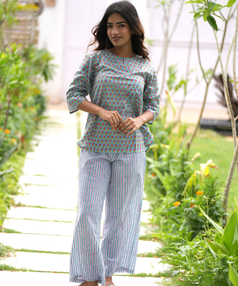 Light blue small floral handblock printed cotton night suit set