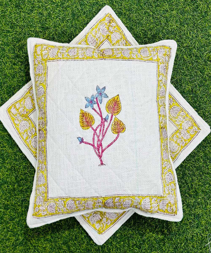 Mustard white hand block printed quilted foam cotton cushion cover