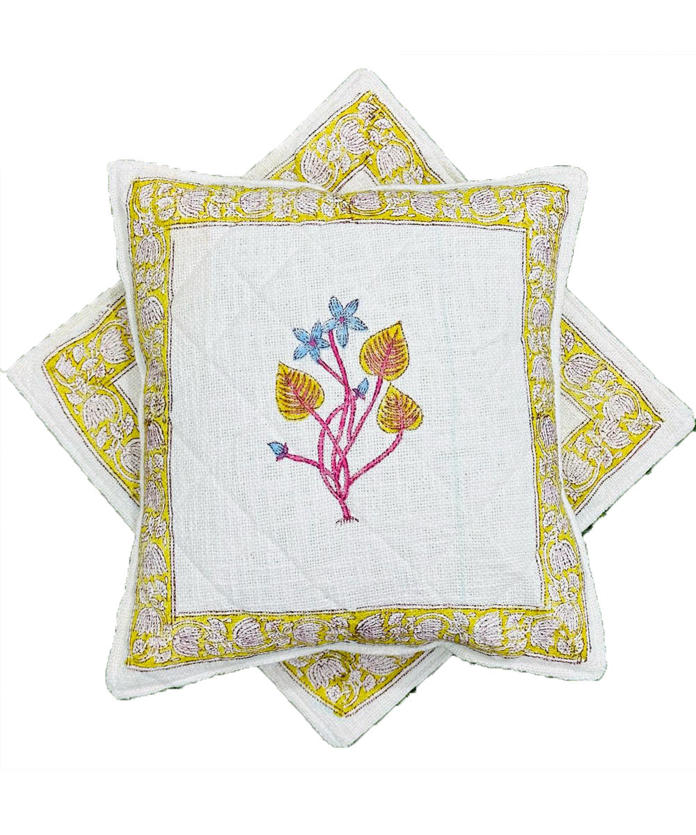 Mustard white hand block printed quilted foam cotton cushion cover