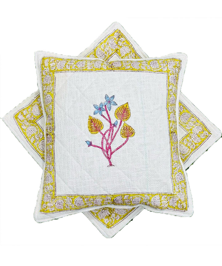 Mustard white hand block printed quilted foam cotton cushion cover