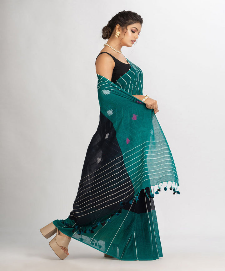 Black and teal handwoven cotton bengal saree