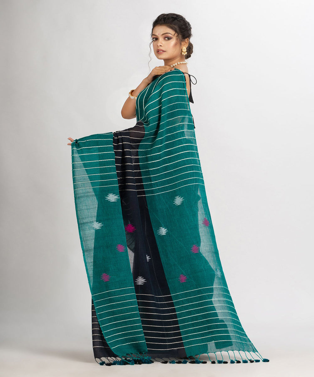 Black and teal handwoven cotton bengal saree