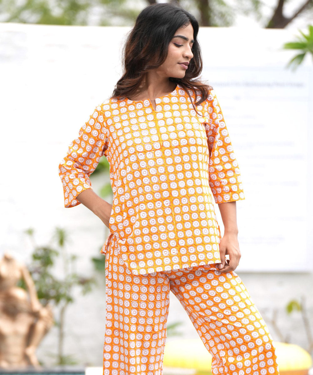 Yellow orange floral handblock printed cotton night suit set