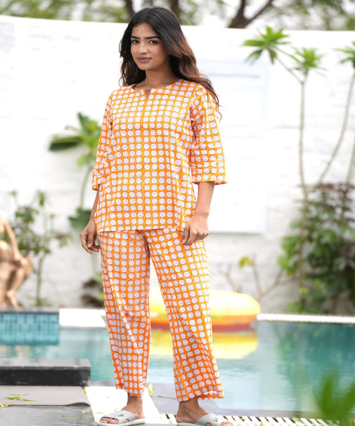 Yellow orange floral handblock printed cotton night suit set