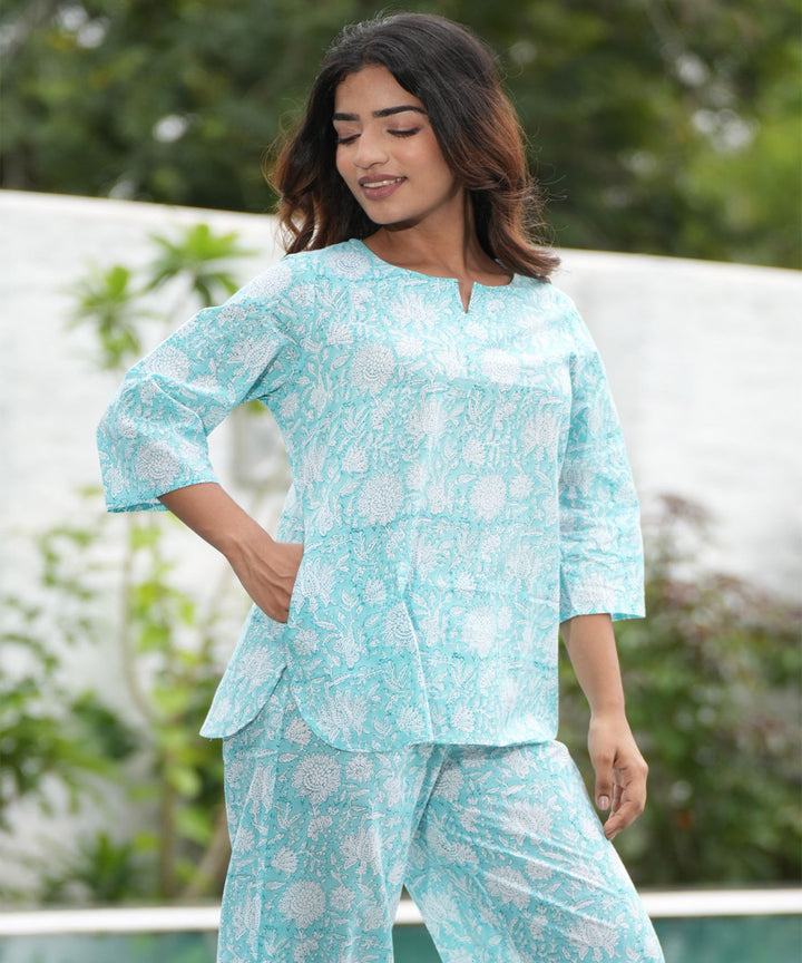 White skyblue floral handblock printed cotton night suit set