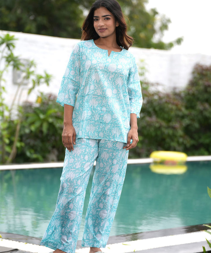 White skyblue floral handblock printed cotton night suit set