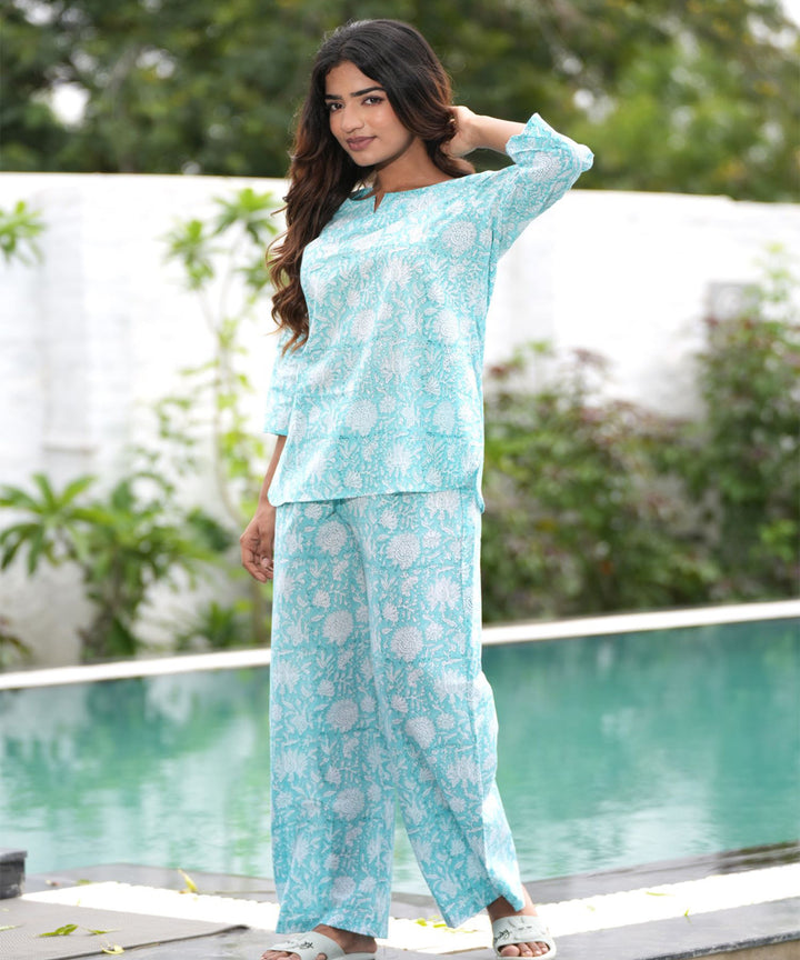 White skyblue floral handblock printed cotton night suit set