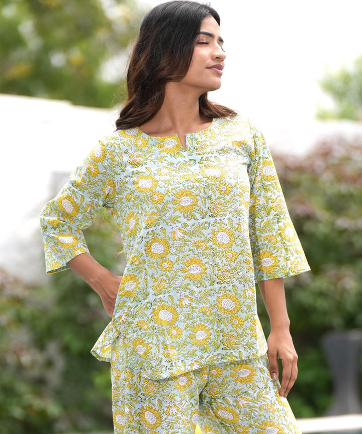 Lime yellow floral handblock printed cotton night suit set