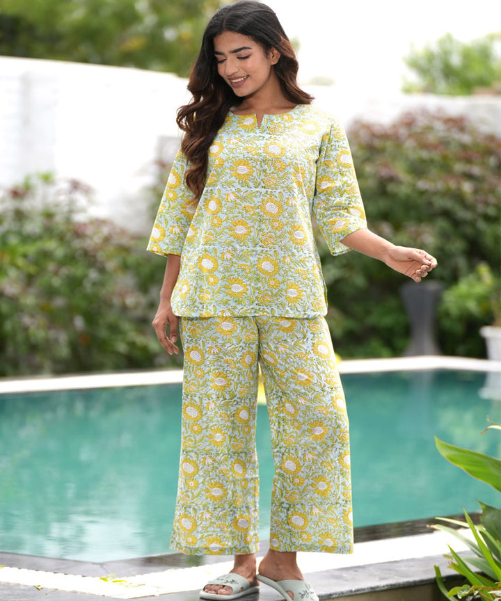 Lime yellow floral handblock printed cotton night suit set