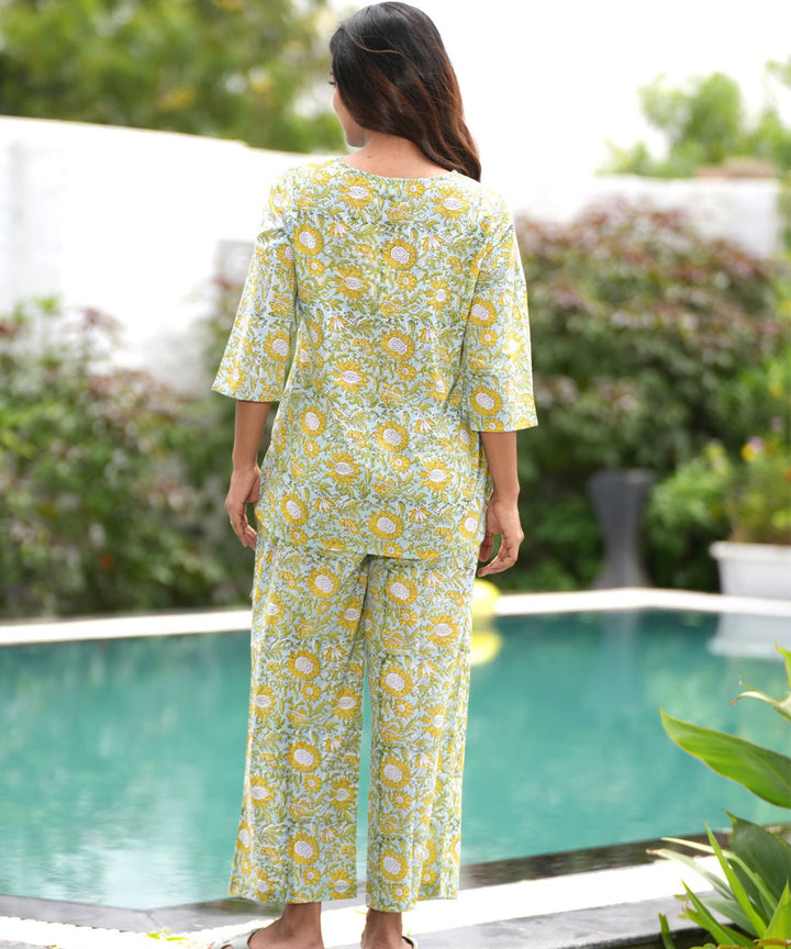 Lime yellow floral handblock printed cotton night suit set