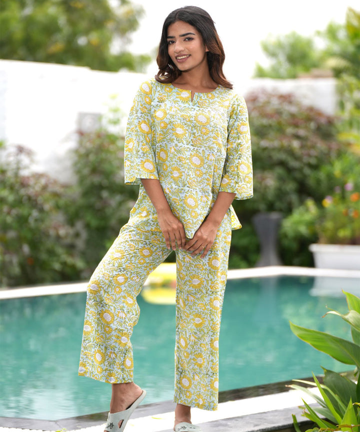 Lime yellow floral handblock printed cotton night suit set