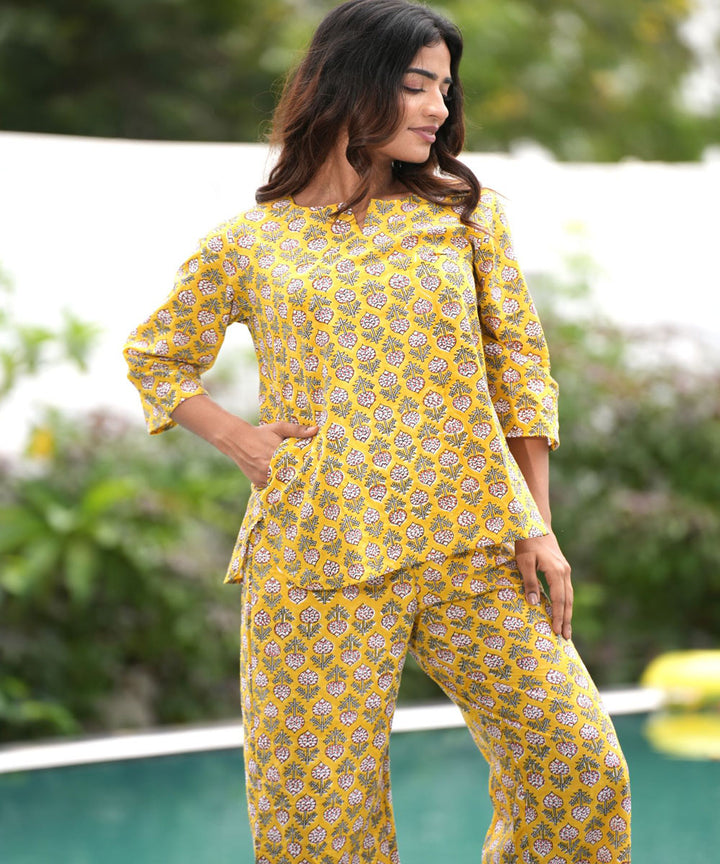 Yellow handblock printed cotton night suit set