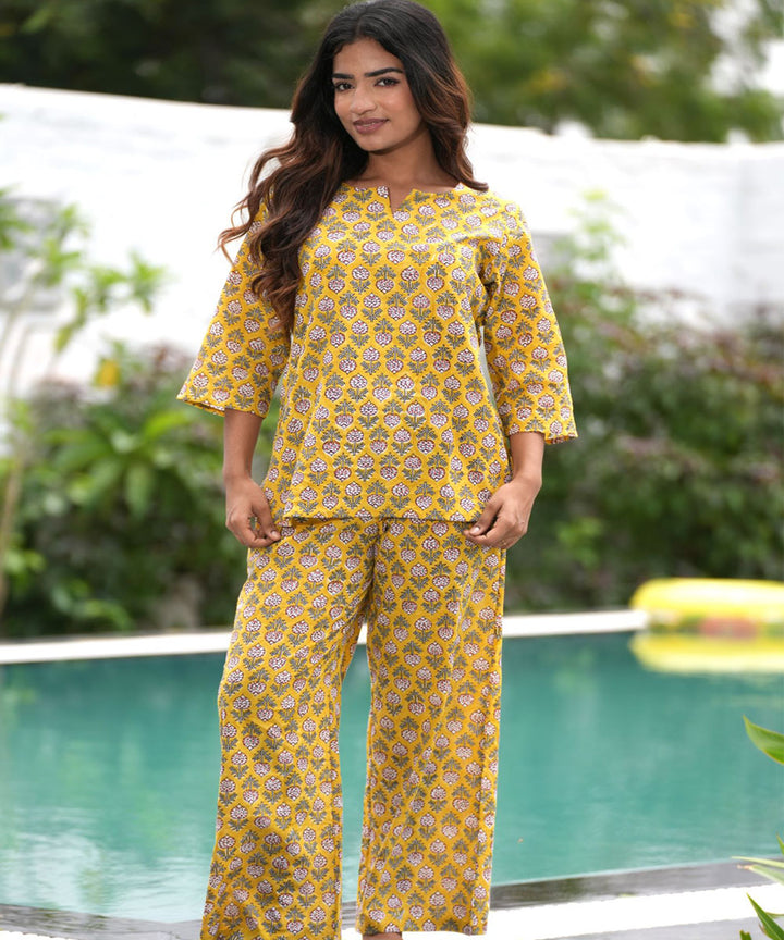 Yellow handblock printed cotton night suit set