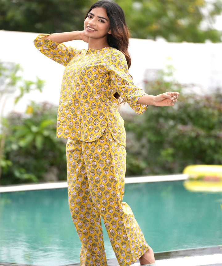 Yellow handblock printed cotton night suit set