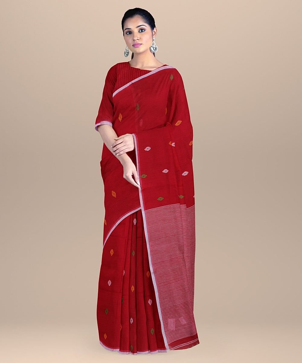 Red handwoven cotton bengal saree