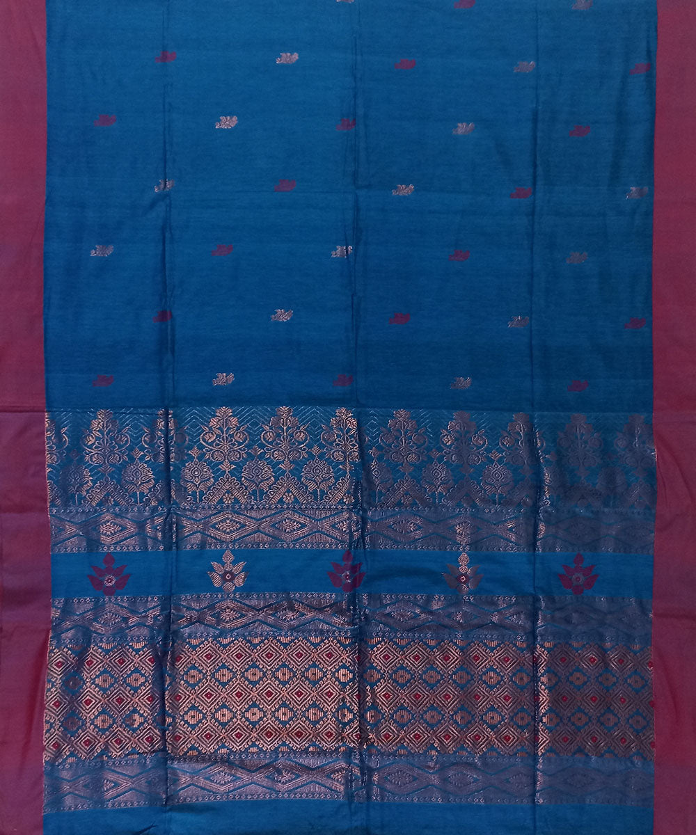 Sky blue red linen cotton handloom bengal saree