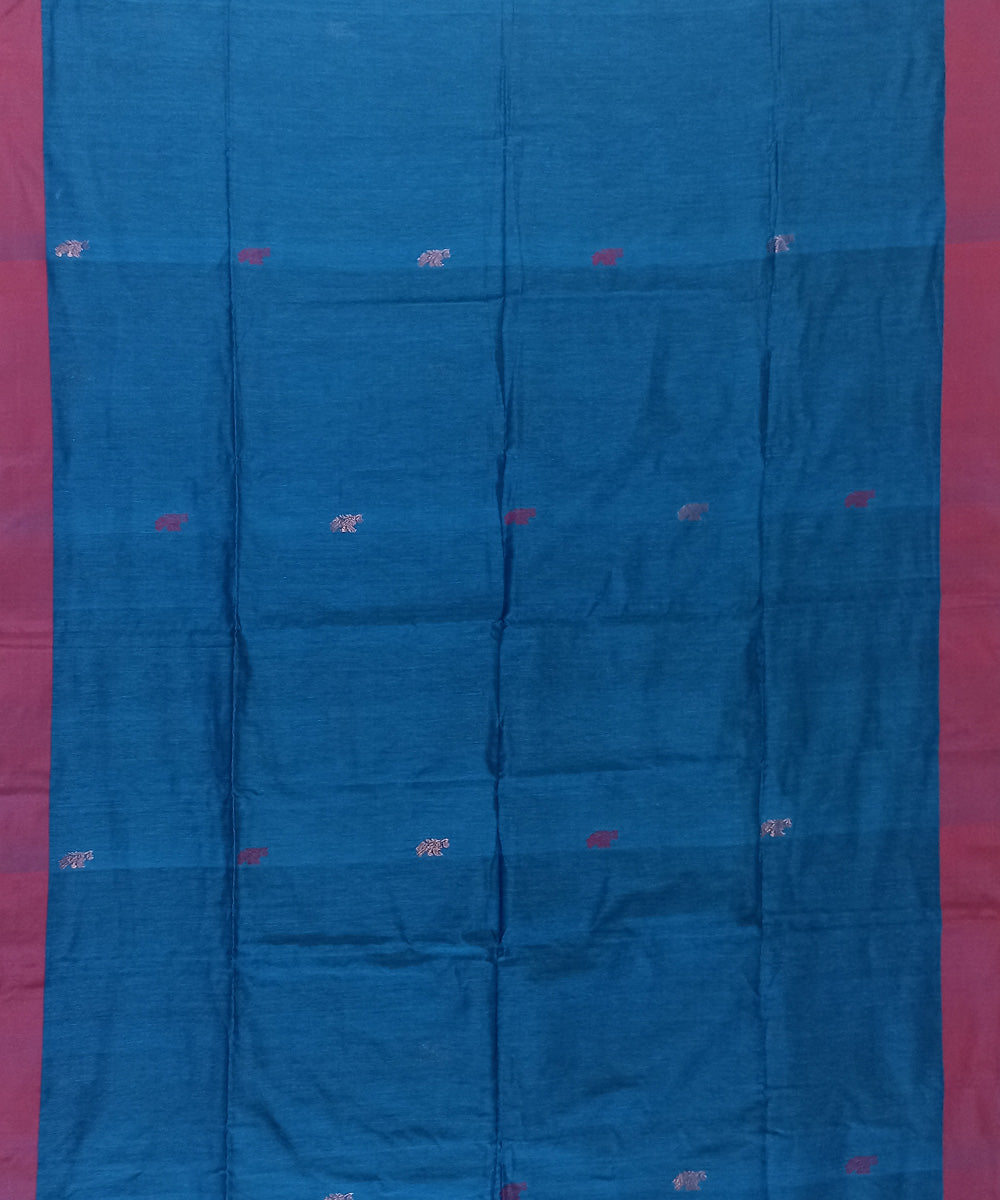 Sky blue red linen cotton handloom bengal saree