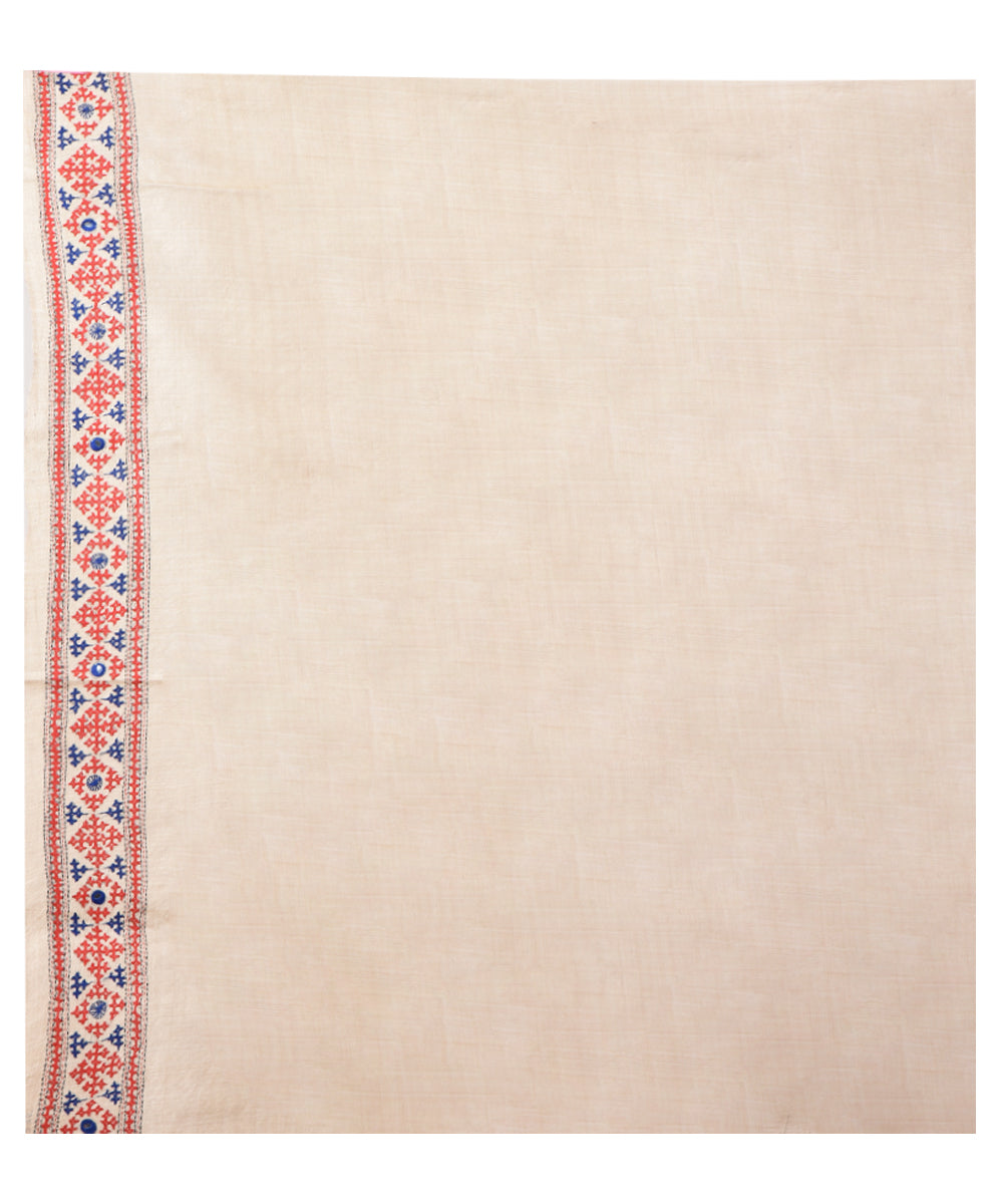 Beige hand kantha stitched tussar silk saree