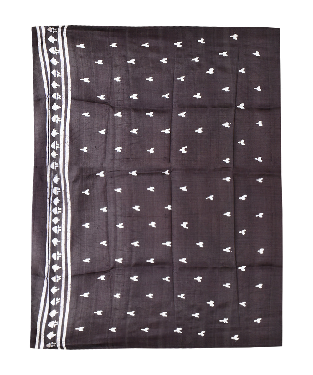 Black white hand batik printed silk saree