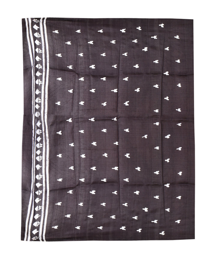 Black white hand batik printed silk saree