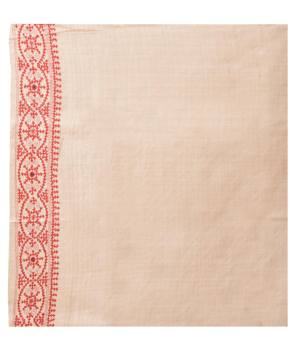 Beige red hand kantha stitched tussar silk saree