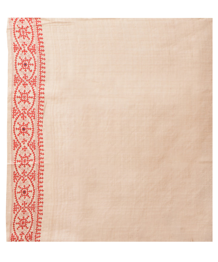 Beige red hand kantha stitched tussar silk saree