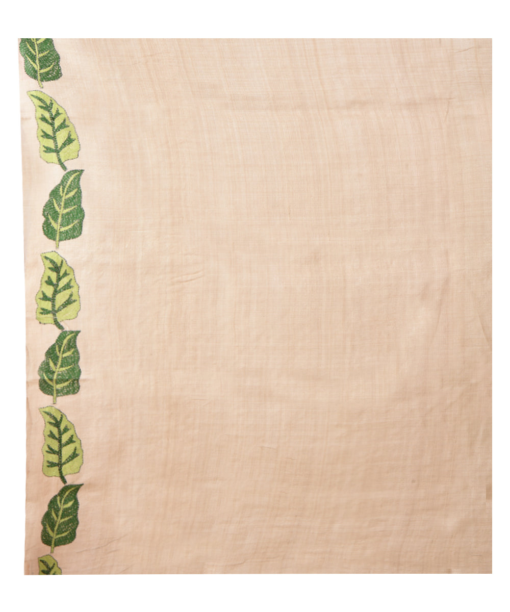Beige green hand kantha stitched tussar silk saree