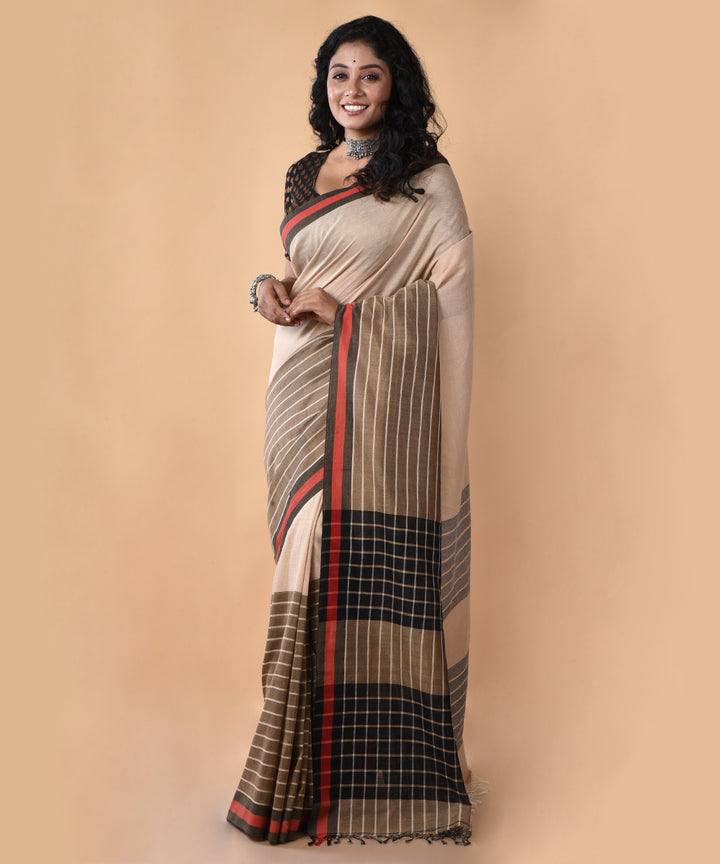 Brown striped cotton handwoven jamdani saree