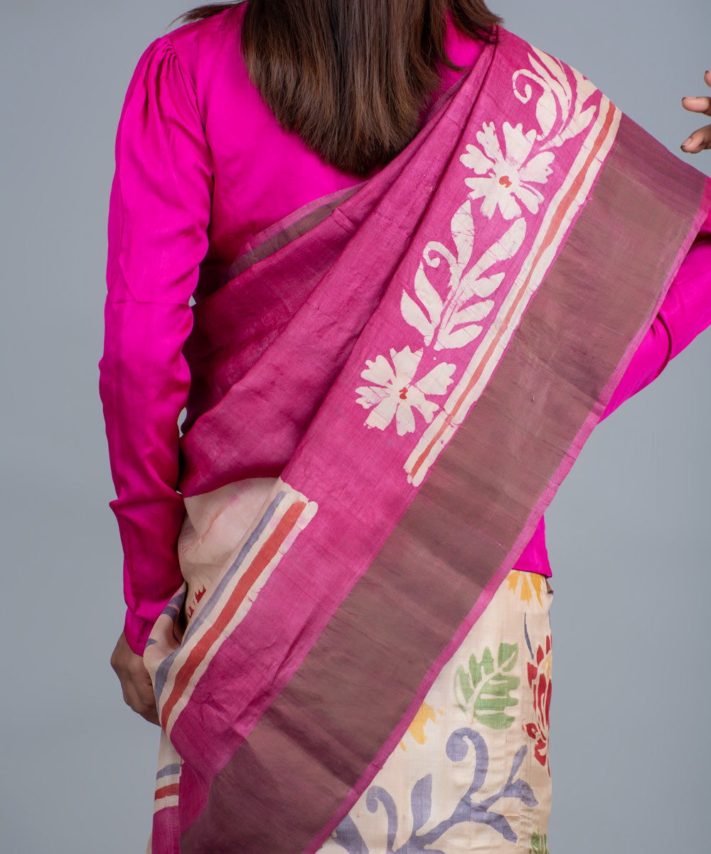 Purple mulberry silk hand painted batik saree