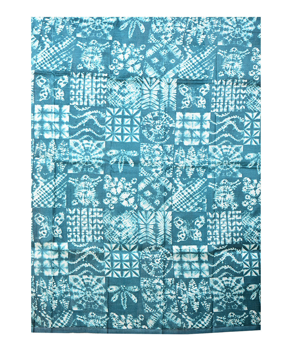 Cyan blue white block print handprinted silk saree