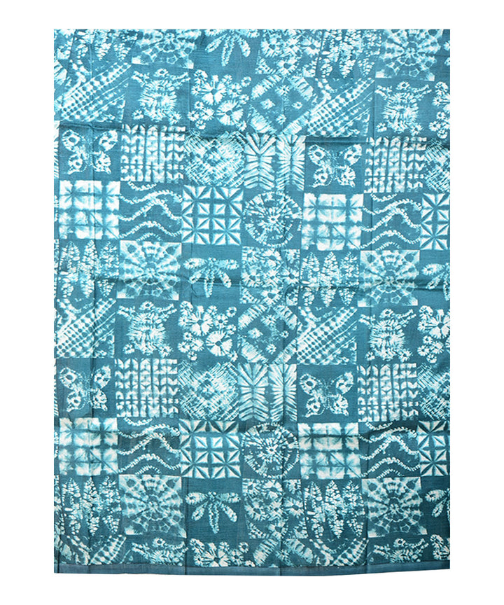 Cyan blue white block print handprinted silk saree