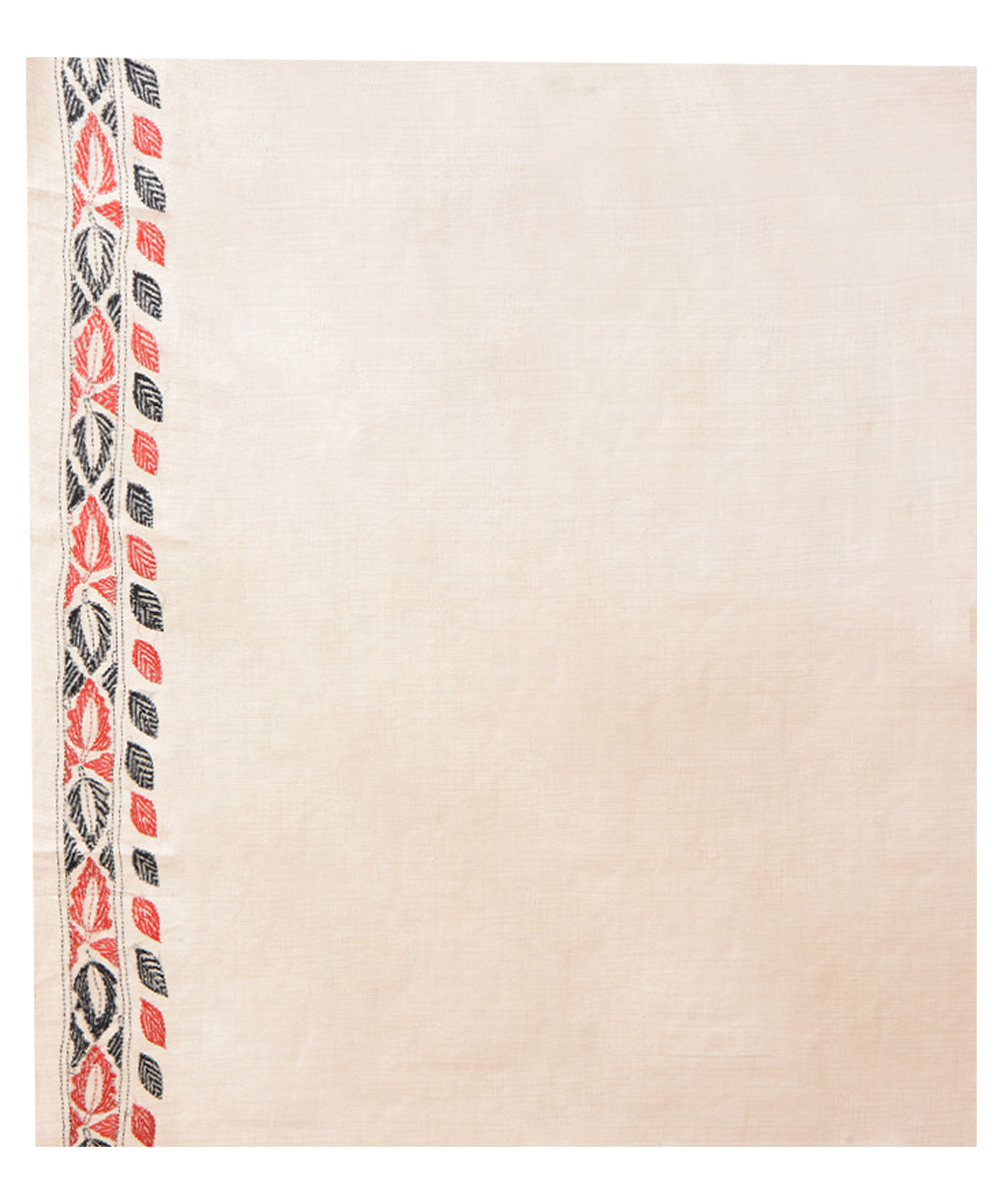 Beige floral hand kantha stitched tussar silk saree