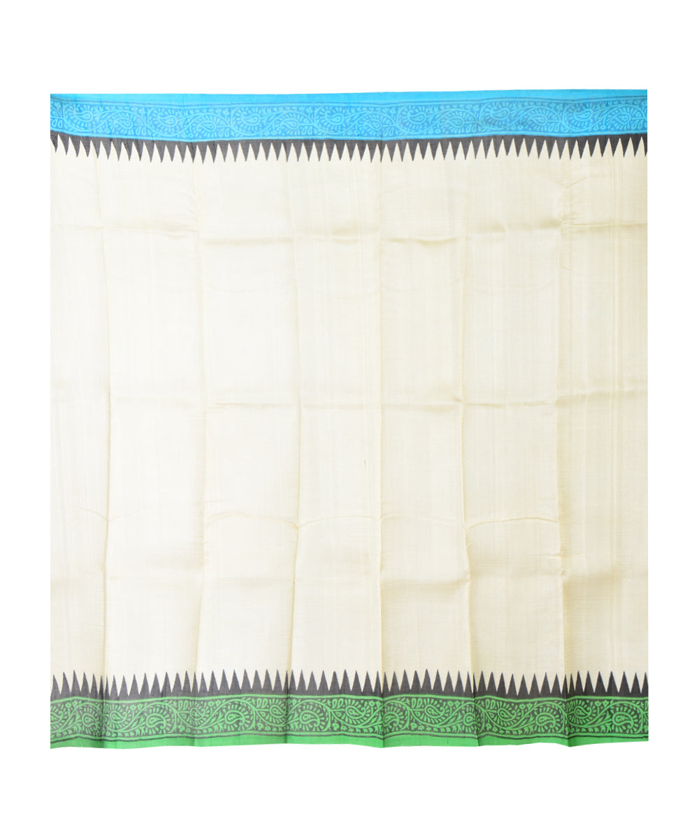 White dark green hand printed silk saree