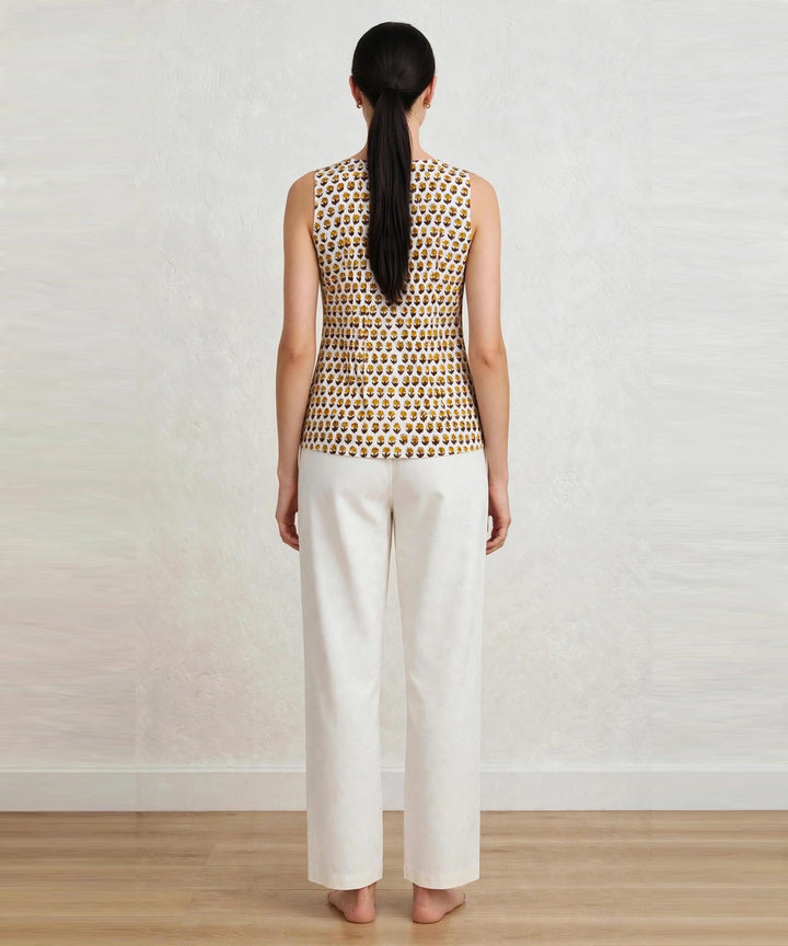 Off white floral hand blook printed cotton short top