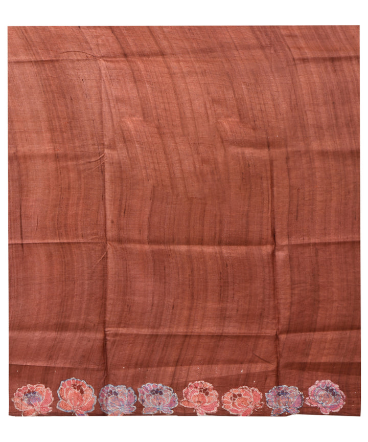 Multicolor brown hand kantha stitched tussar silk saree