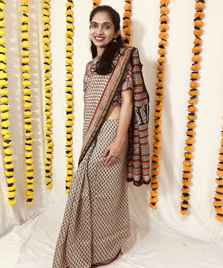 Beige black hand block bagru print chanderi sico saree