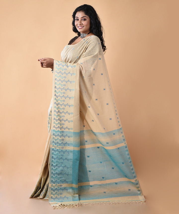 Cream blue cotton handwoven jamdani saree