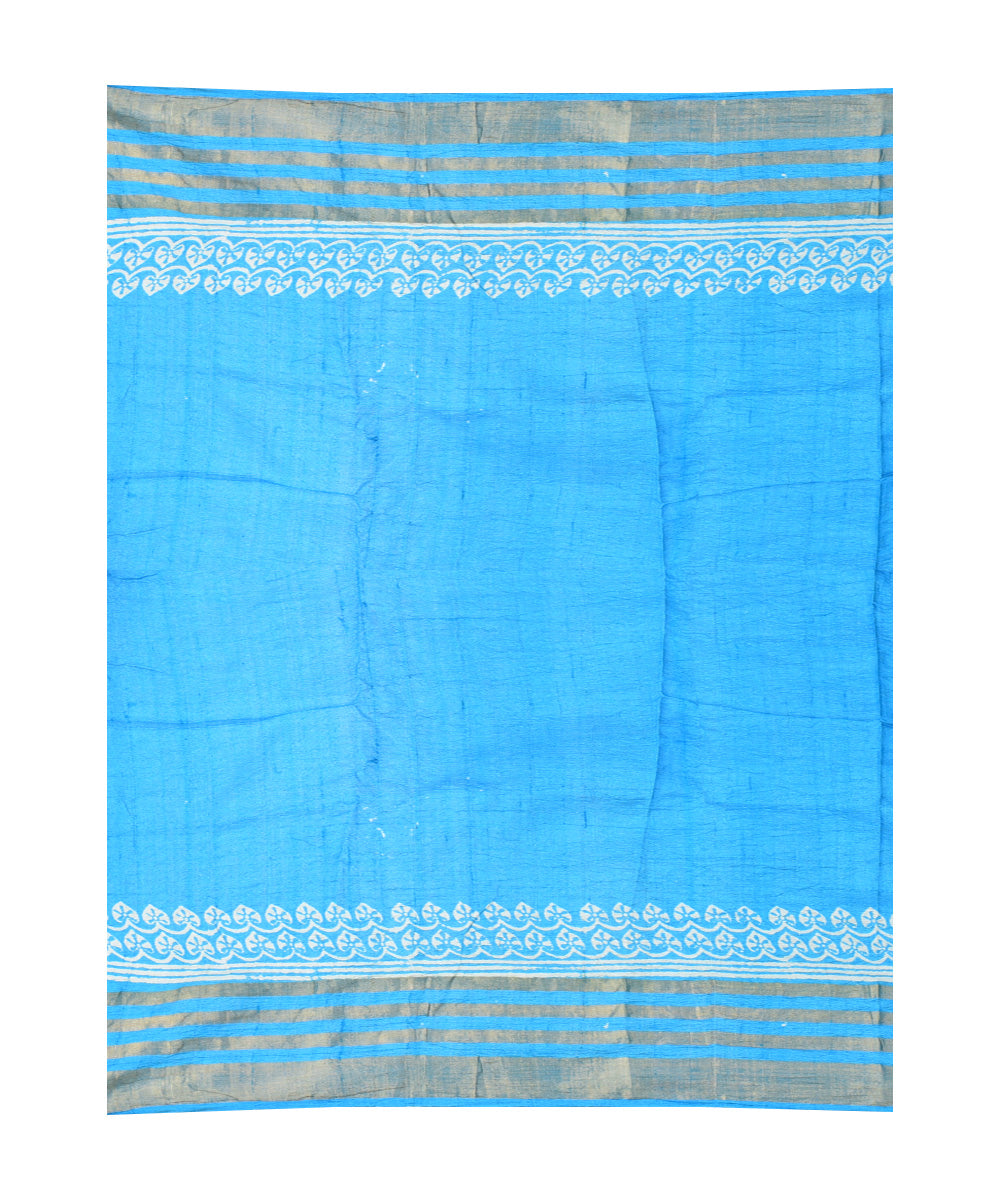 Cyan blue white hand printed tussar silk saree