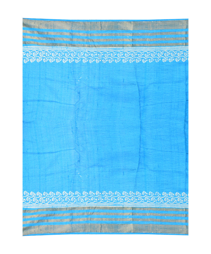 Cyan blue white hand printed tussar silk saree