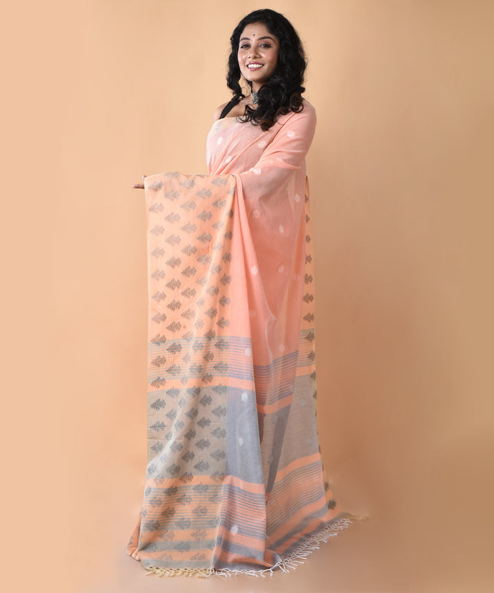 Peach handwoven jamdani cotton saree