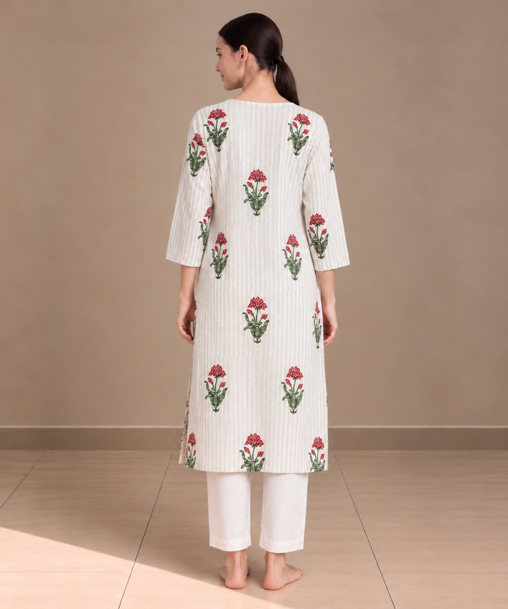 Off white red lotus hand block printed pure cotton kurti