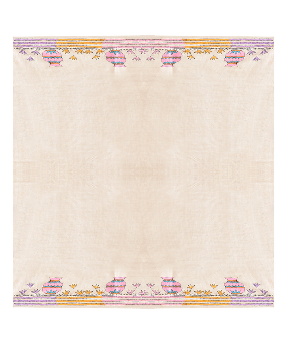 Beige floral tussar silk hand kantha stitchedsaree