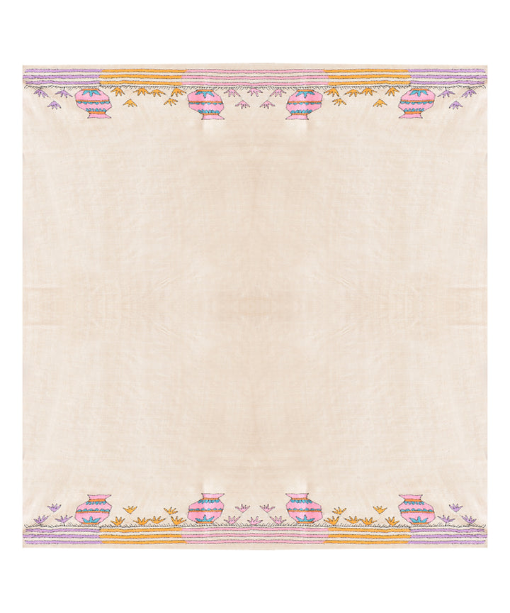 Beige floral tussar silk hand kantha stitchedsaree